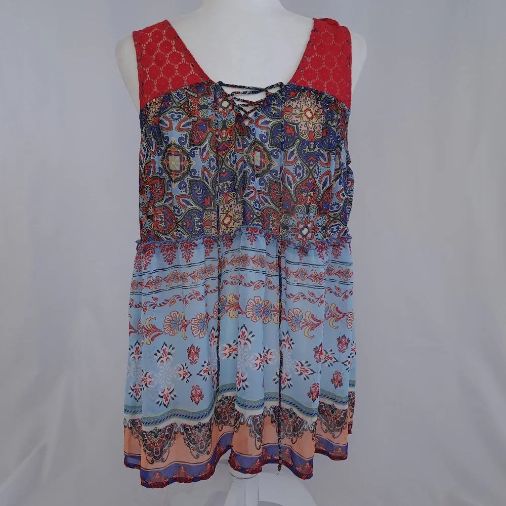 Fig and Flower Sheer Boho Tie-Front Mixed Print Sleeveless Top NWT